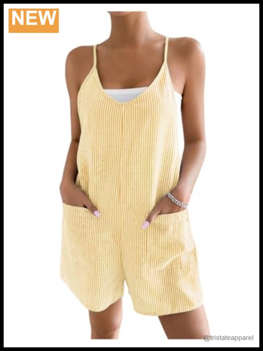 Striped Sleeveless V Neck Wide Leg Romper Jumpsuit with Pockets Loose Fit